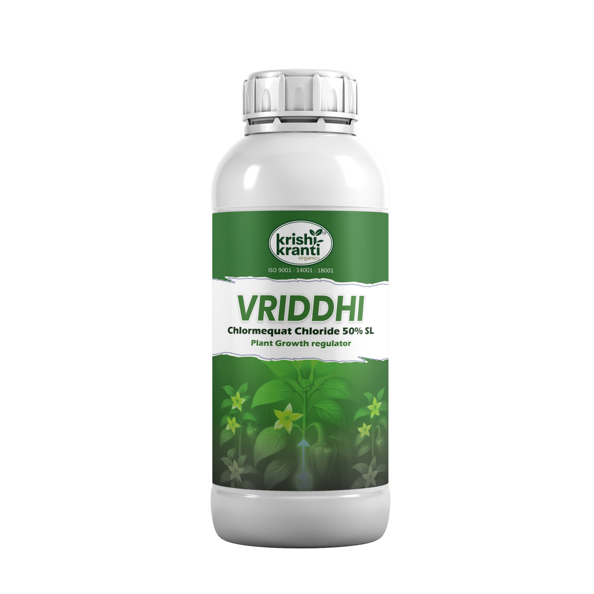 White plastic bottle of Krishi Kranti Vriddhi Chlormequat Chloride 50% SL plant growth regulator on a white background.